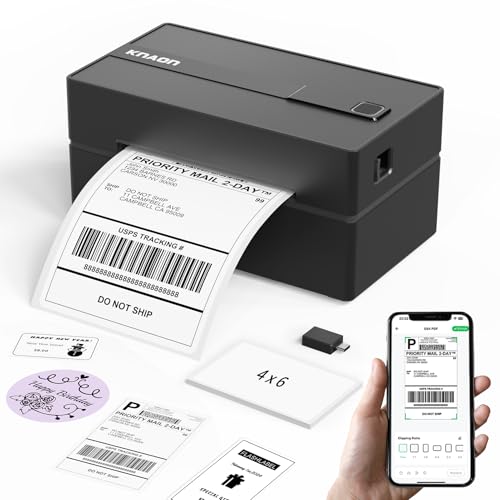 KNAON Bluetooth Thermal Shipping Label Printer 4x6 for Small Business,Black | High-Speed Thermal Label Printer, Perfect for Home, Office & Small Biz, Ideal for Etsy, Shopify, USPS,Includes 10 Test Sheets