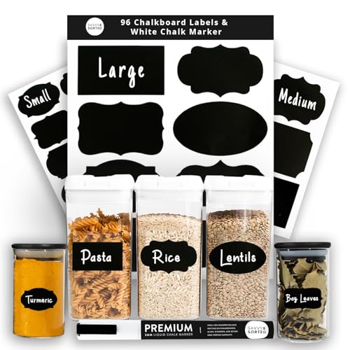 96 Chalkboard Labels for Storage Bins, Chalkboard Stickers with Chalk Maker, Chalk Labels for Kitchen Containers Organizing, Removable Black Food Pantry Jar Label Stickers for Glass Bottles