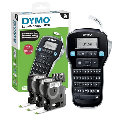 DYMO LabelManager 160 Label Maker Bundle with 3 D1 Label Cassettes, Portable Handheld, QWERTY Keyboard, One-Touch Smart Keys, Large Display, Home & Office Organization